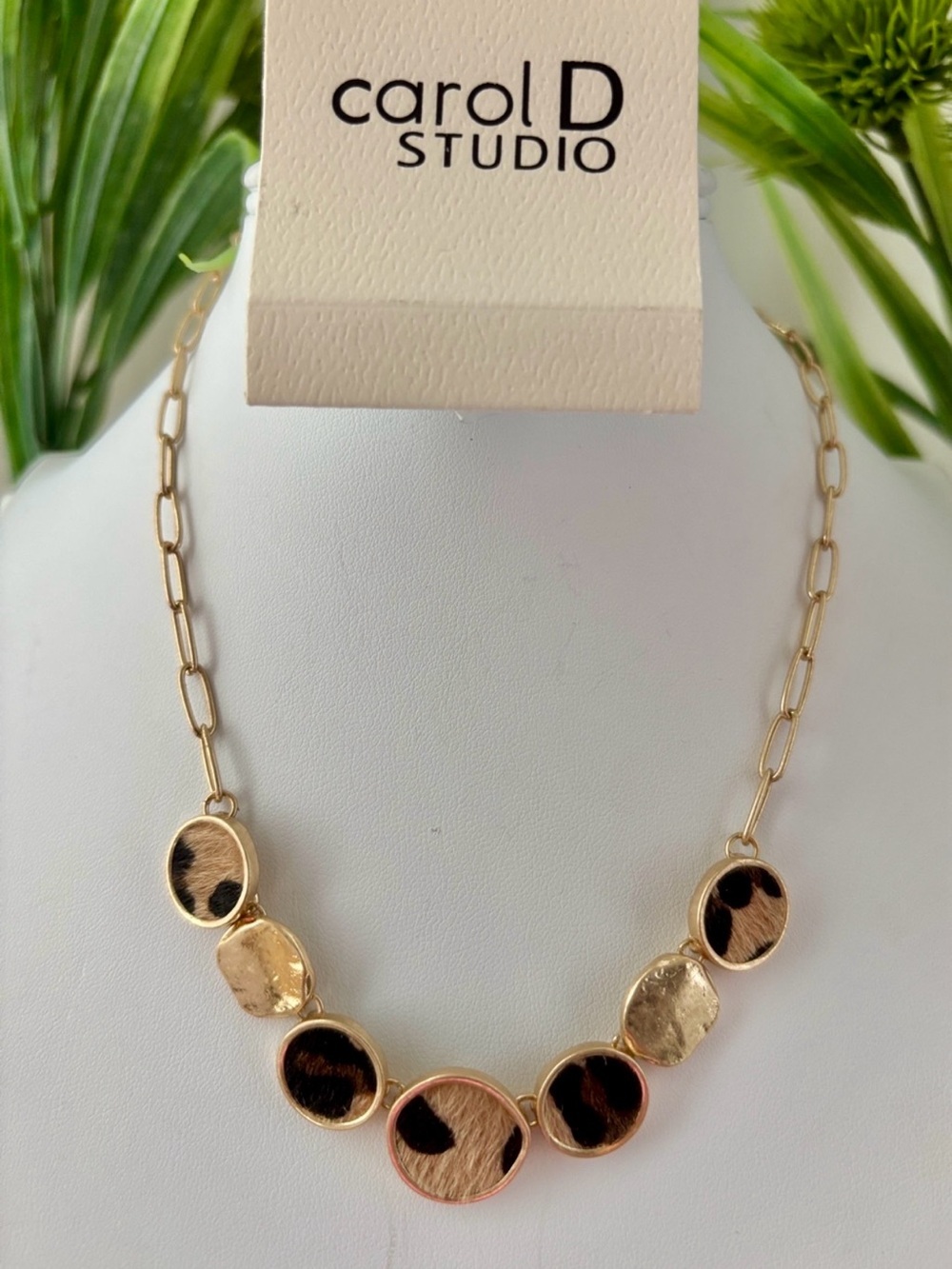 Carol D Studio Calf Hair leopard print circular disks,choker,gold-tone chain